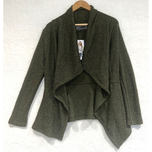 BNCI Blanc Noir Womens Open Front Waterfall Asymmetric Cardigan Green Sweater Lg - Picture 3 of 16